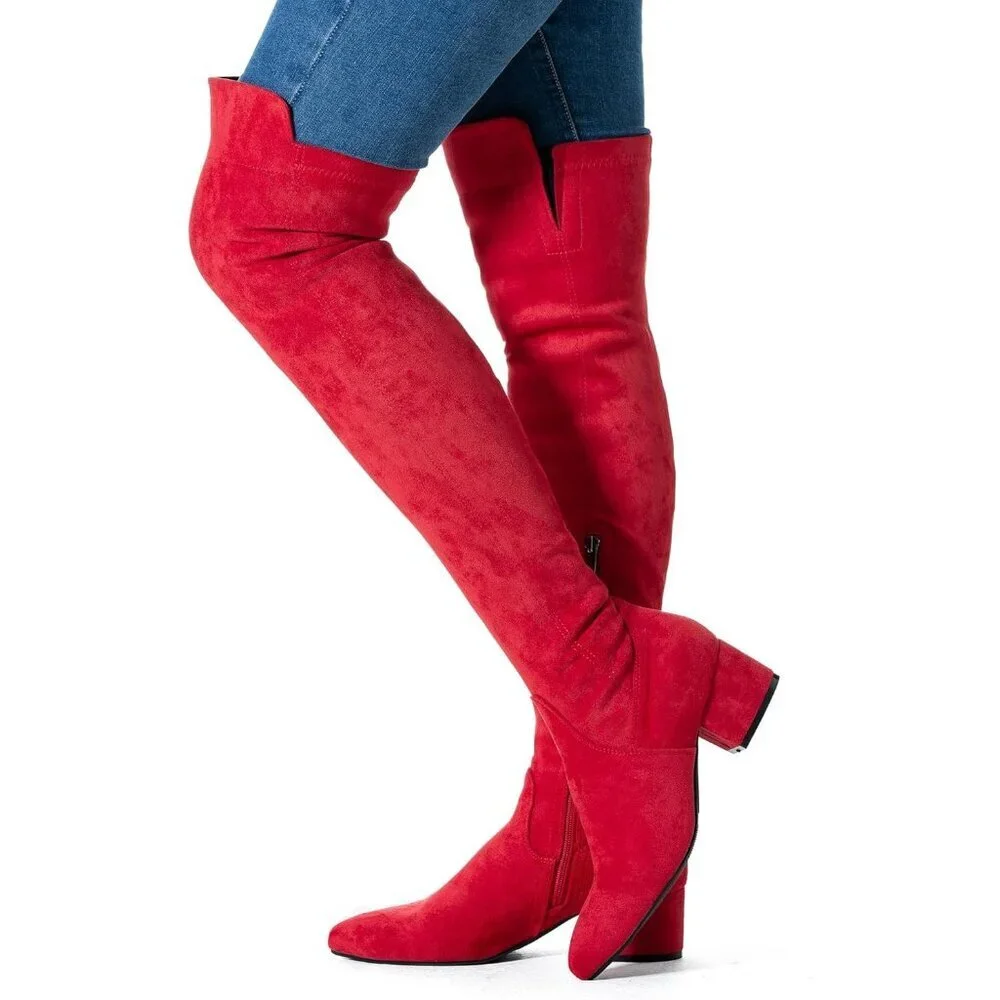 Women Red\2Inch Suede Over the Knee Thigh High Chunky Block Heel Winter Boots